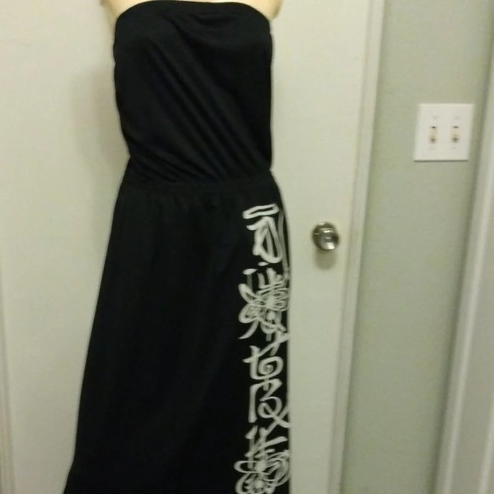 ❤️ALFRED SHAHEEN Asian Theme Hawaiian Black White Full Length Tube Top Dress 38
